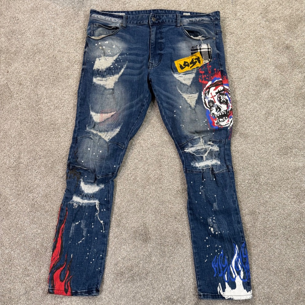 Smoke Rise Mens 40x32 Distressed Graphic Jeans Blue‎ Skull Flame Paint Splatter